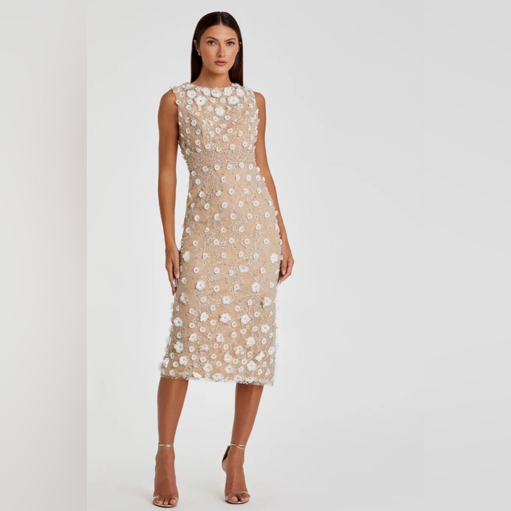 MAC DUGGAL - Ivory/Nude Floral Applique Sleeveless Midi Dress